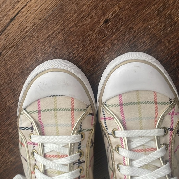 Coach. Barrett Tattersall sneakers. Cream background with multi colored plaid. - Picture 8 of 8